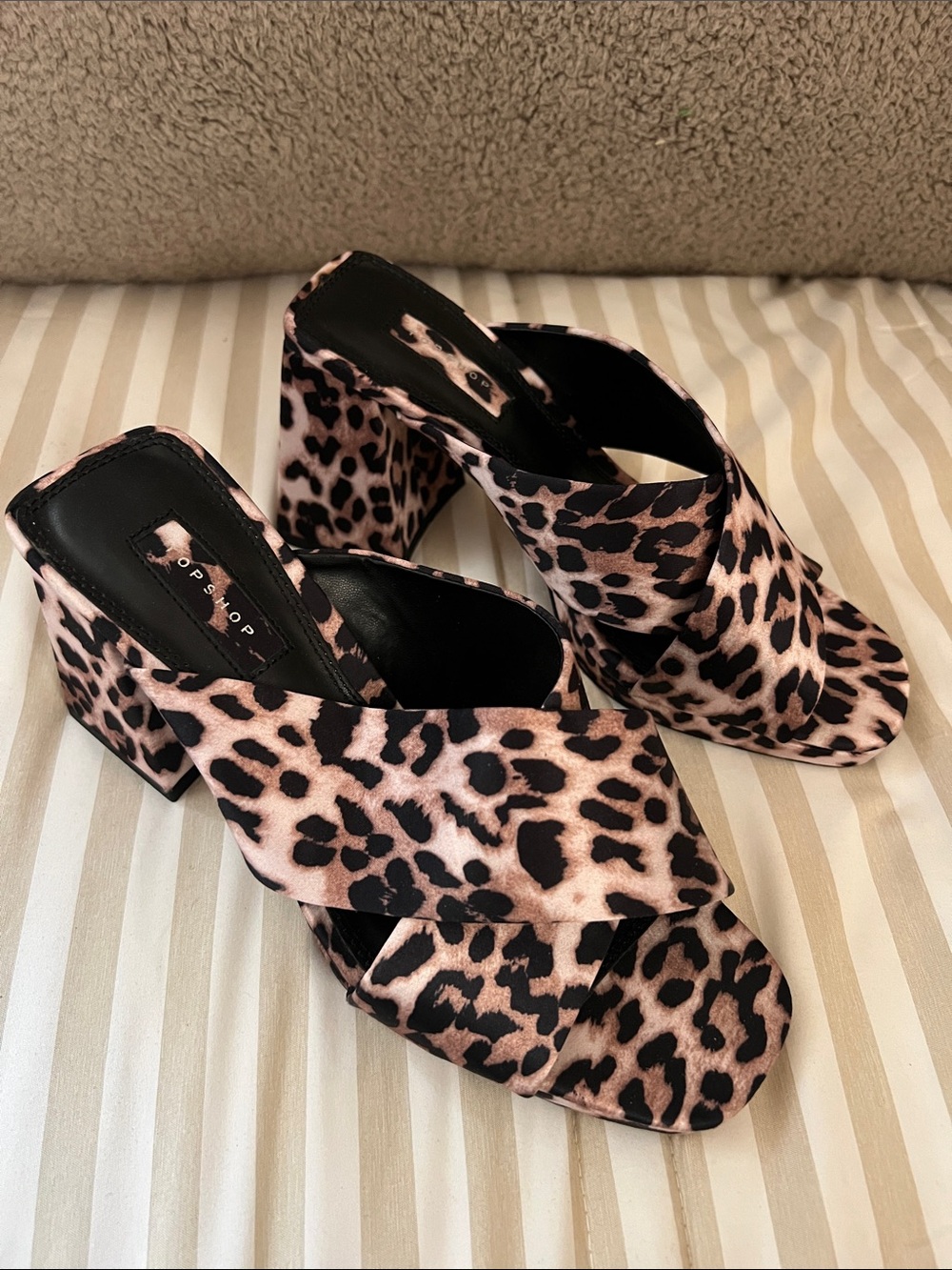 Topshop Leopard Print Crisscross Block Heel Mules